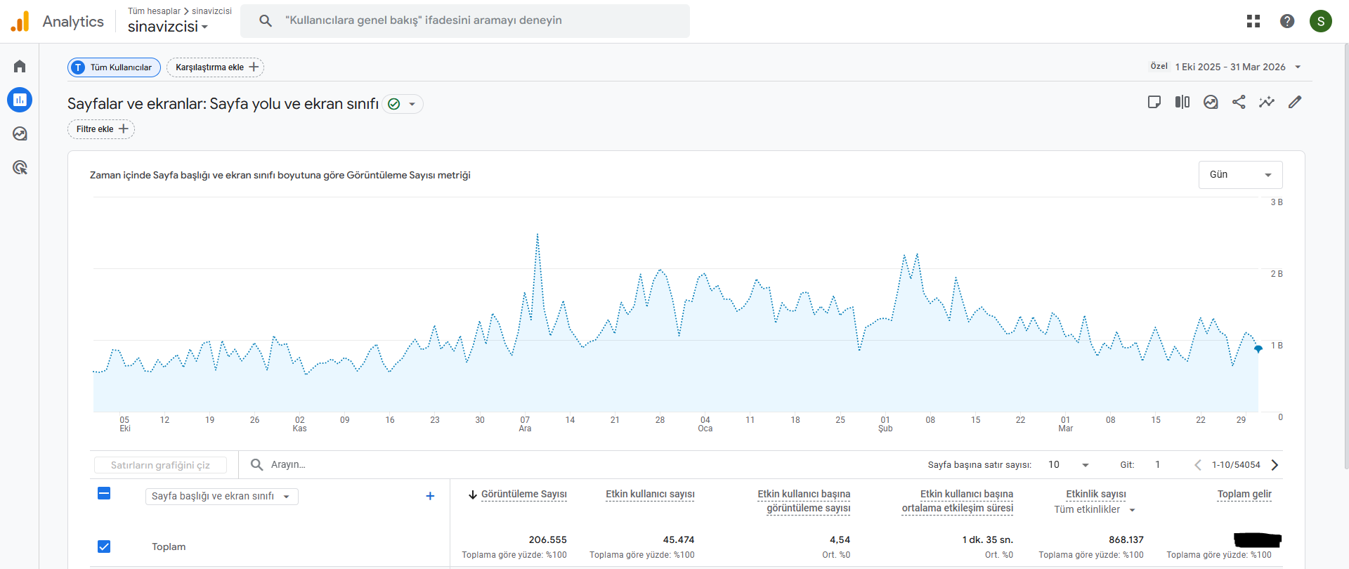 Google Analytics 6 aylık görüntülenme grafiği